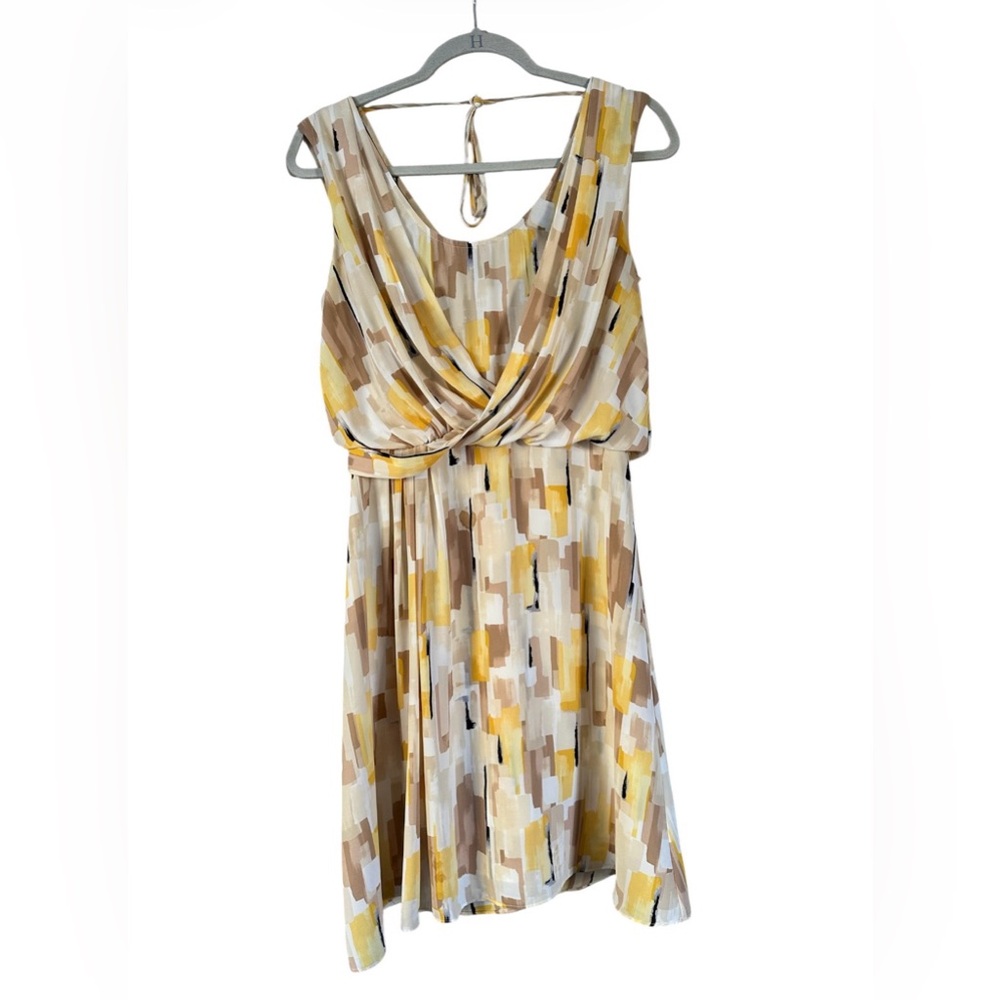 Printed Yellow and Tan Sleeveless Draped Midi Dress